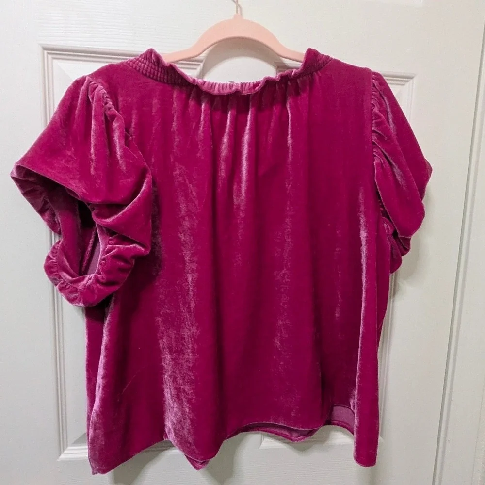 Free People Terese Velvet Top Ruffle Neck Puff Sleeve Magenta Pink Large